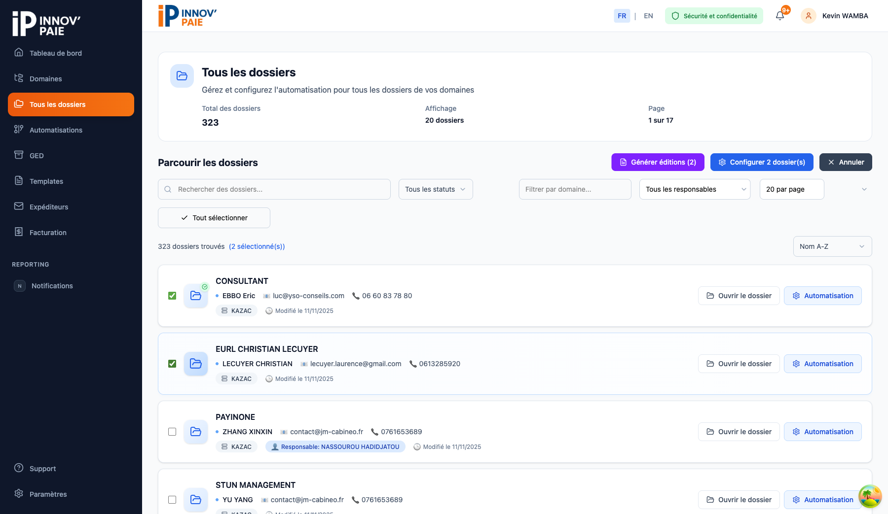 Sélection en masse de dossiers pour la configuration d'automatisations