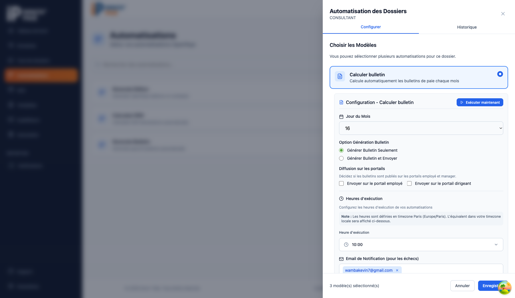 Drawer de configuration d'une automatisation