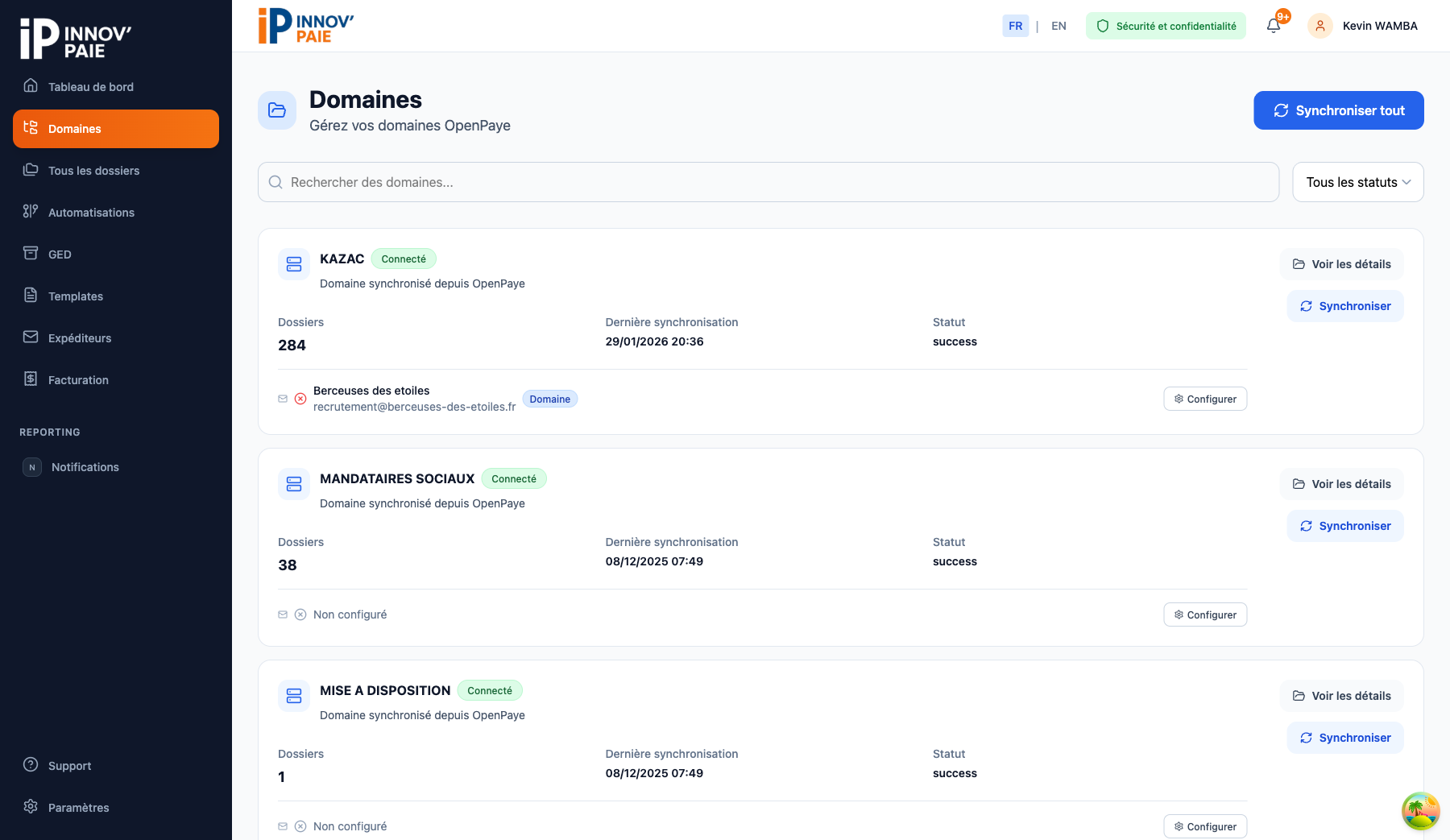 Page des domaines avec le bouton Synchroniser tout