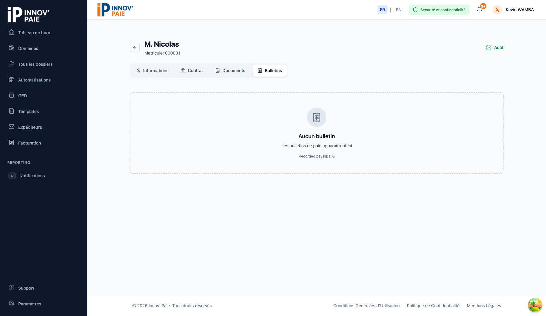 Onglet Bulletins de la fiche employé