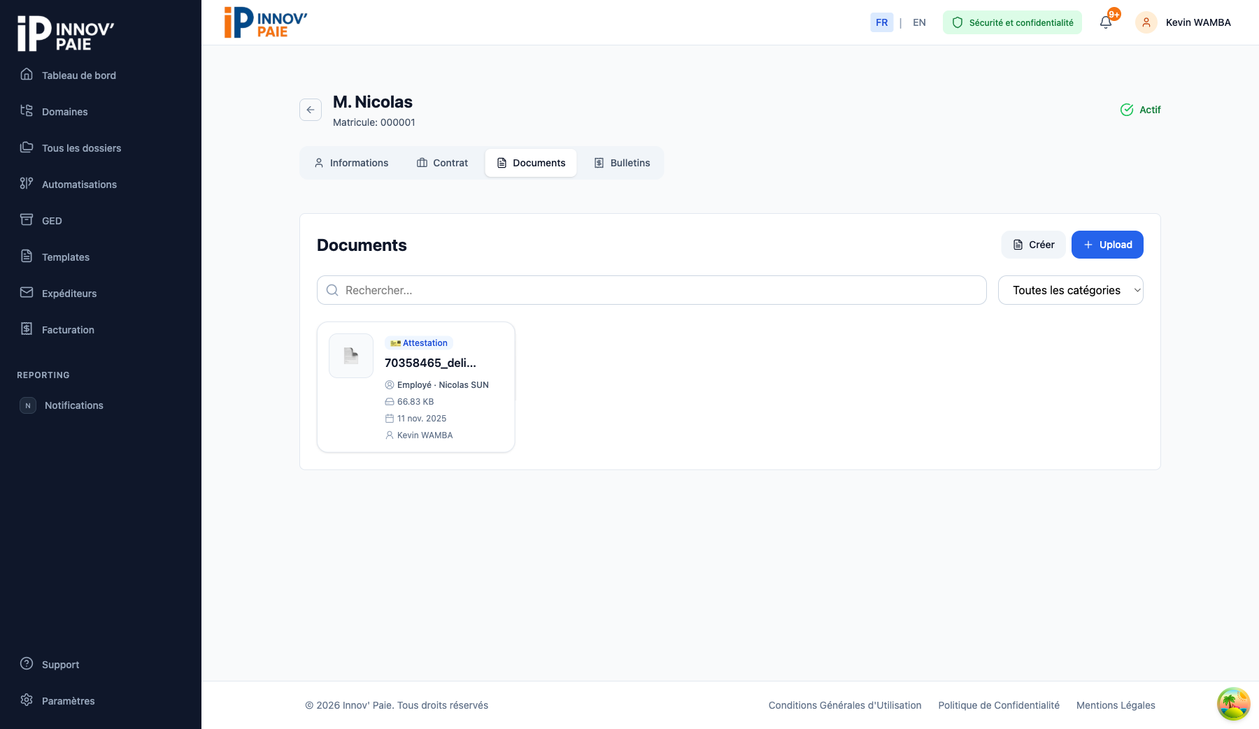 Onglet Documents de la fiche employé