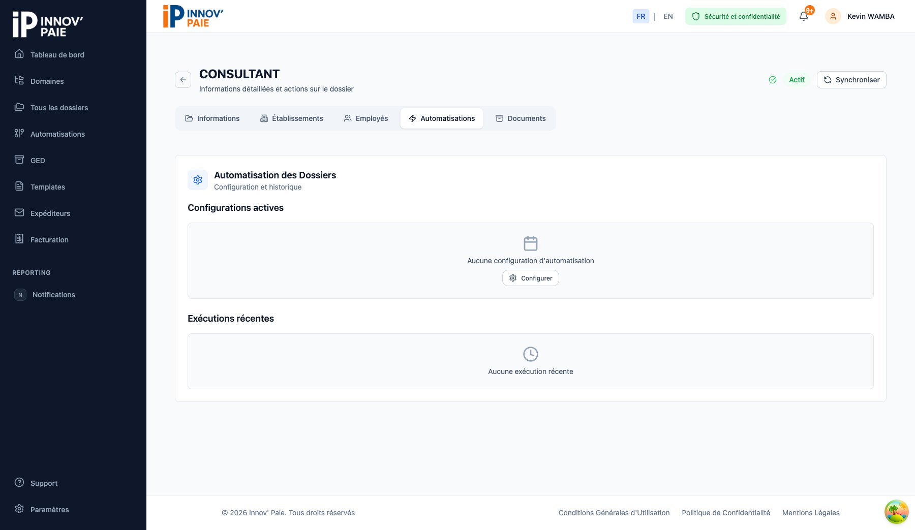 Onglet Automatisations d'un dossier