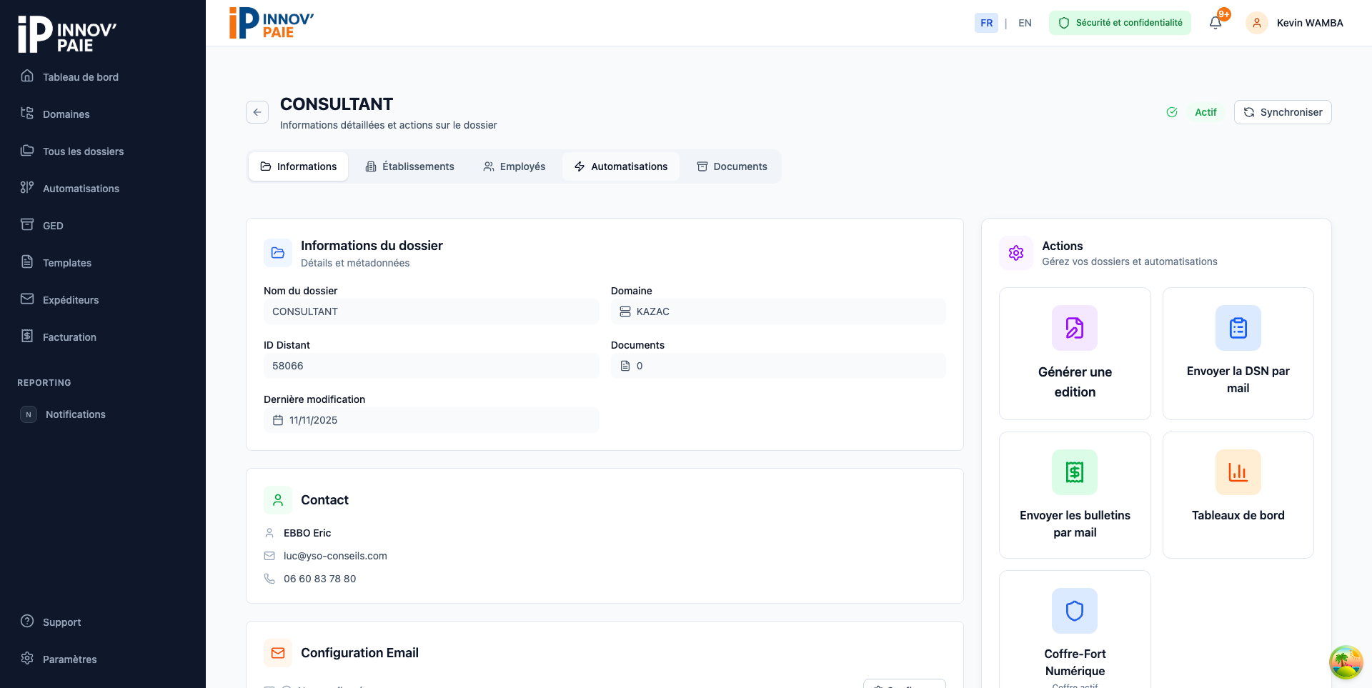 Panneau Actions du détail d'un dossier