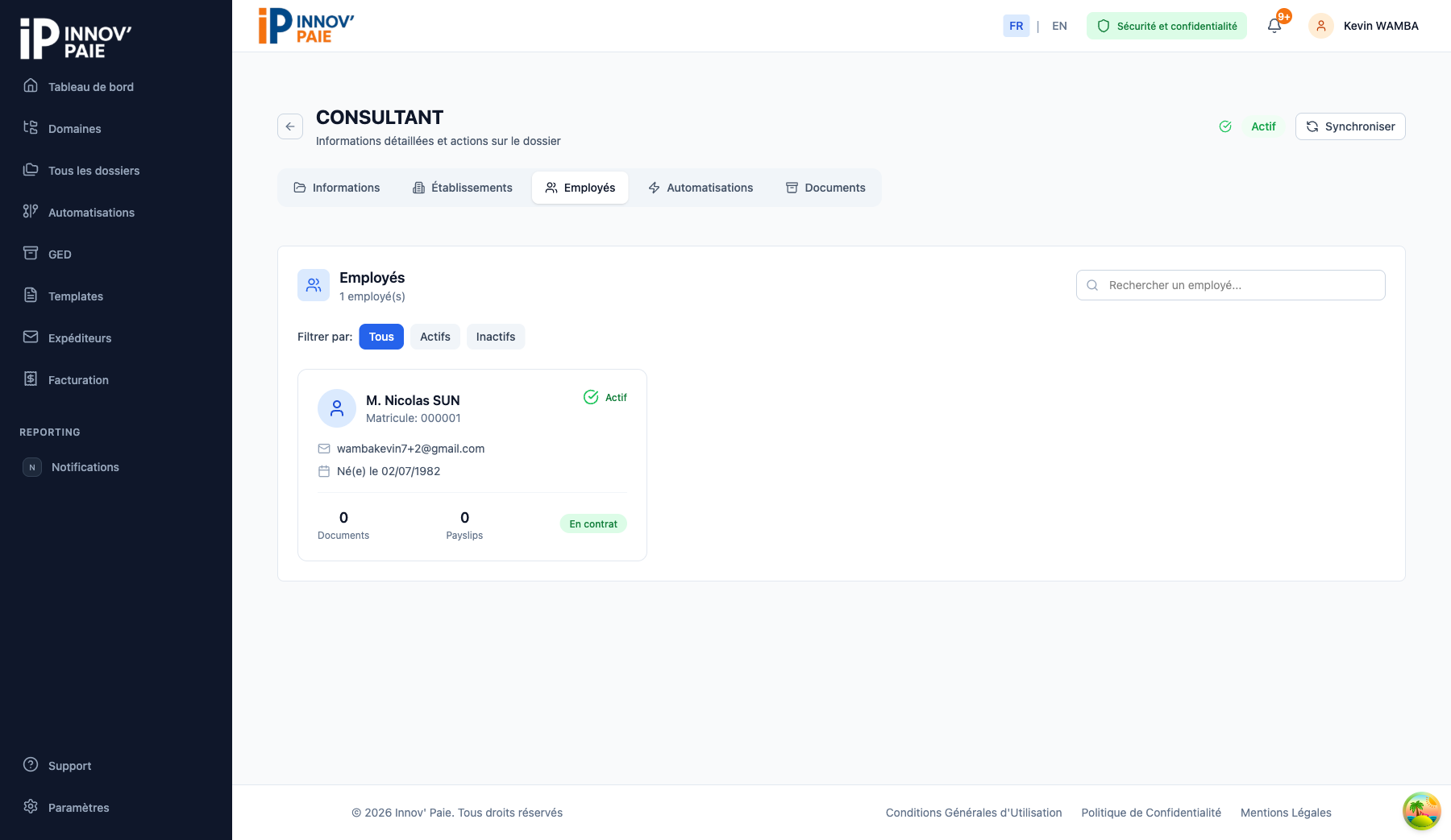 Onglet Employés d'un dossier