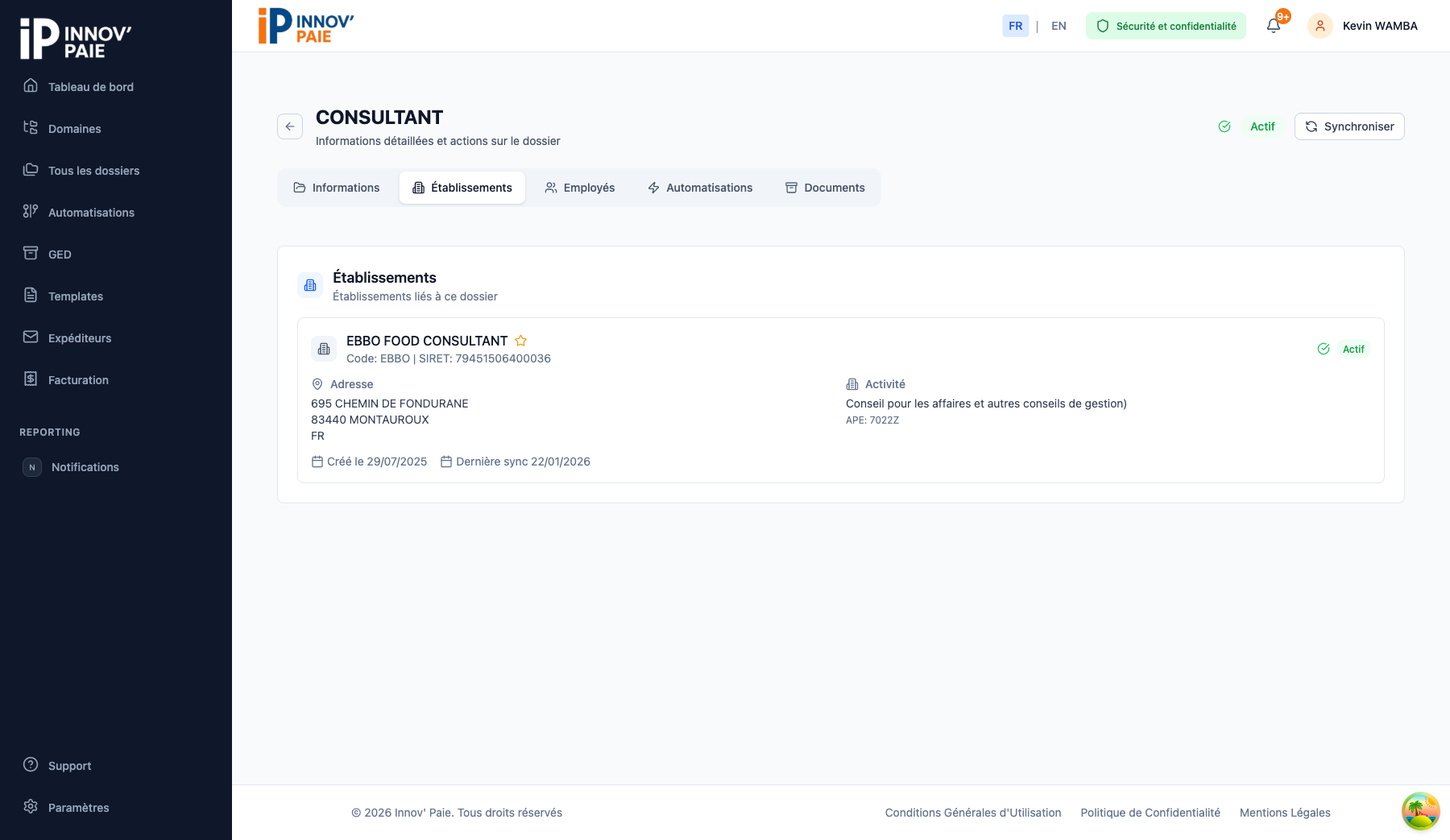 Onglet Établissements d'un dossier