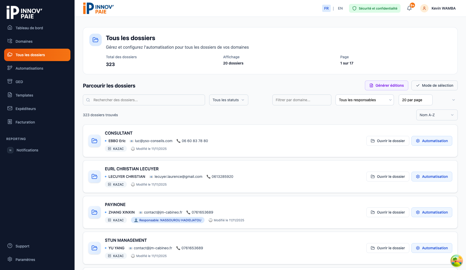 Page de la liste globale des dossiers