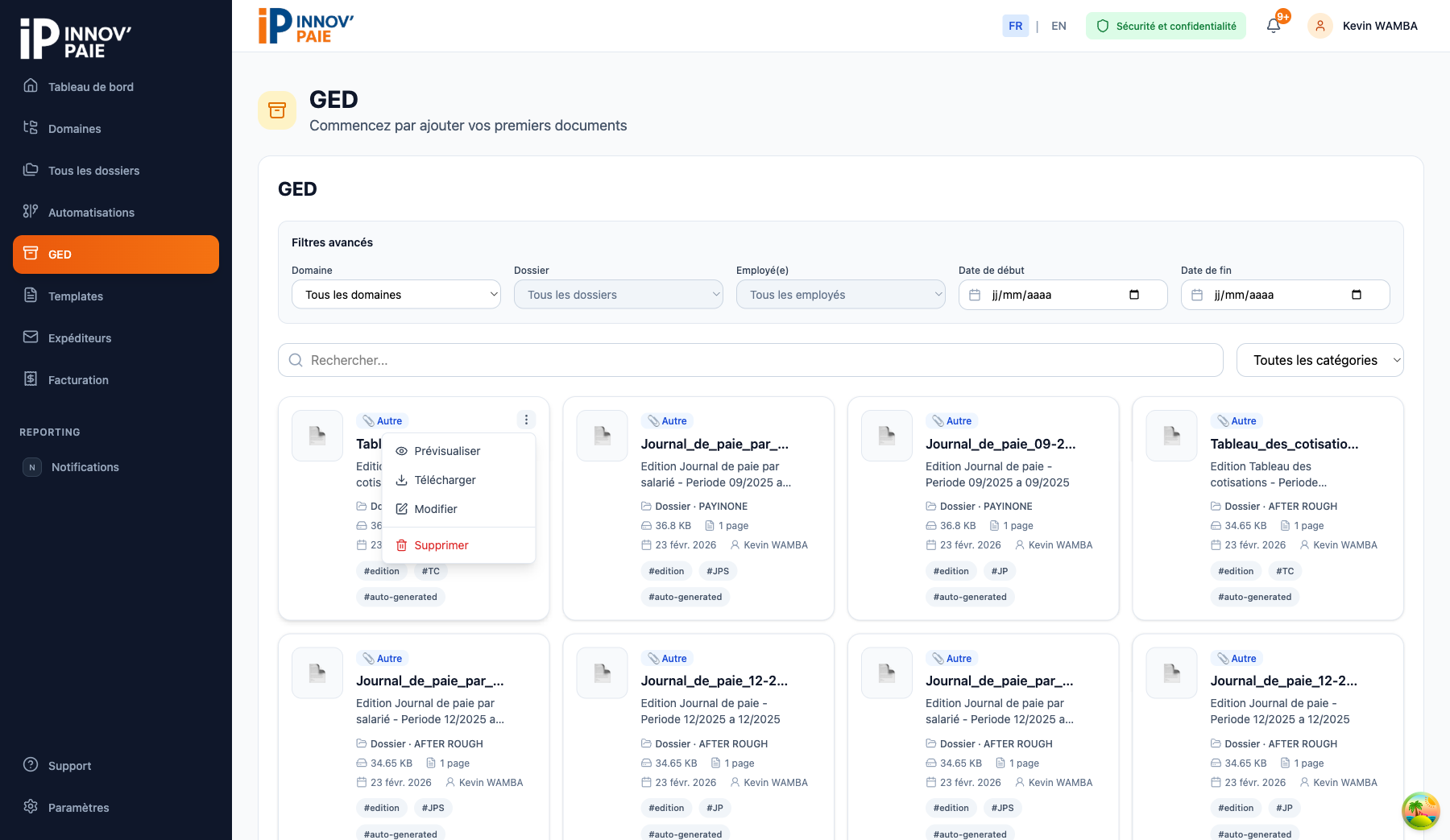 Menu contextuel d'un document