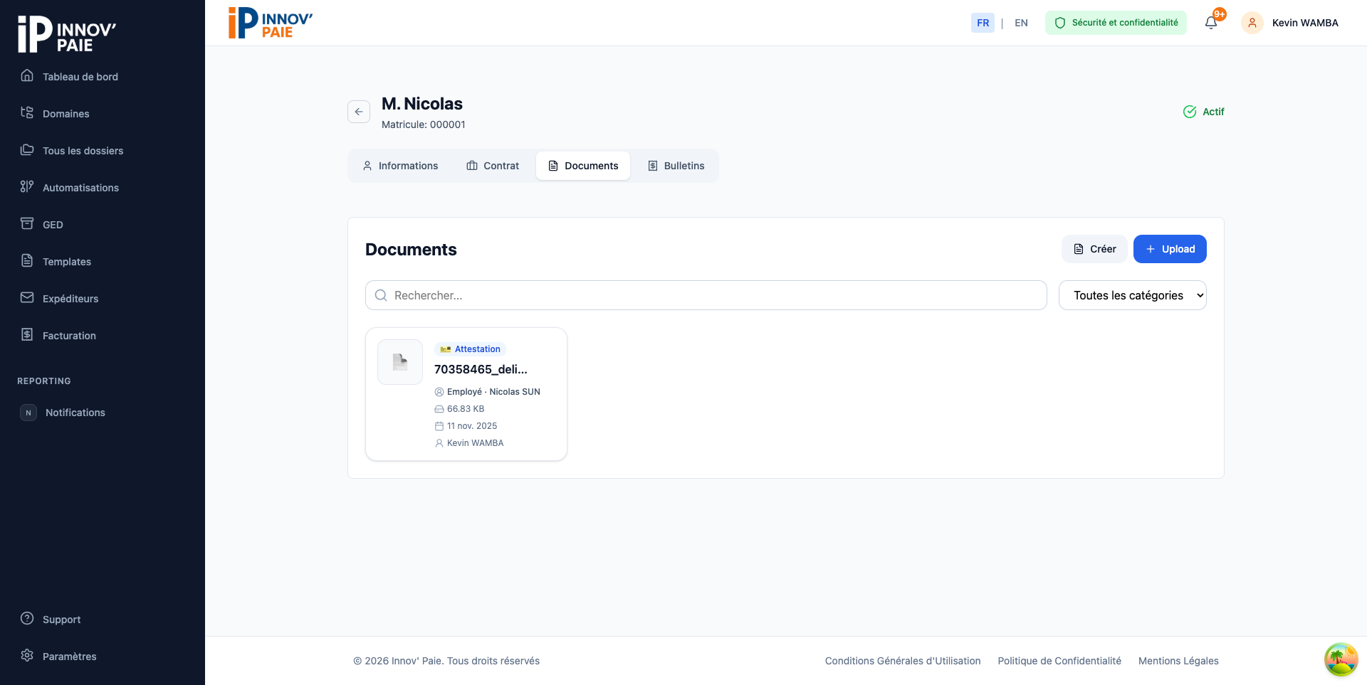 Onglet Documents dans le détail d'un salarié