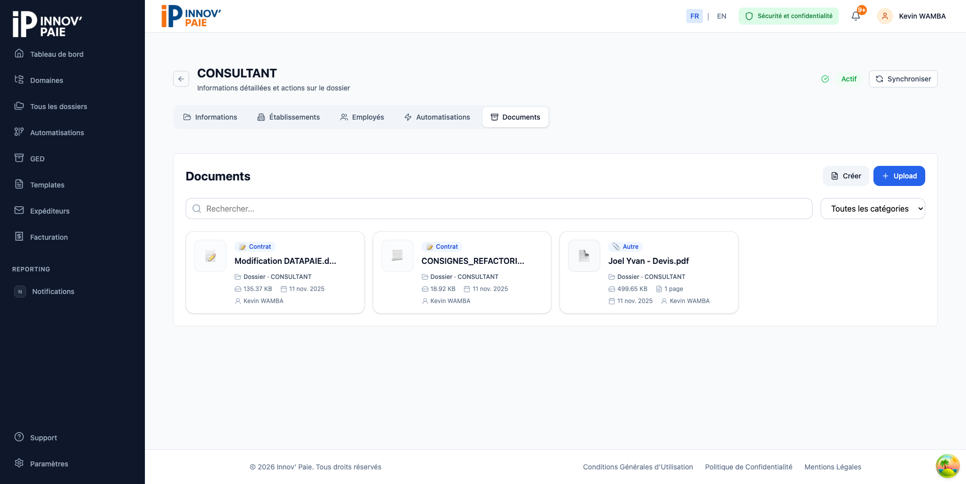 Onglet Documents dans le détail d'un dossier