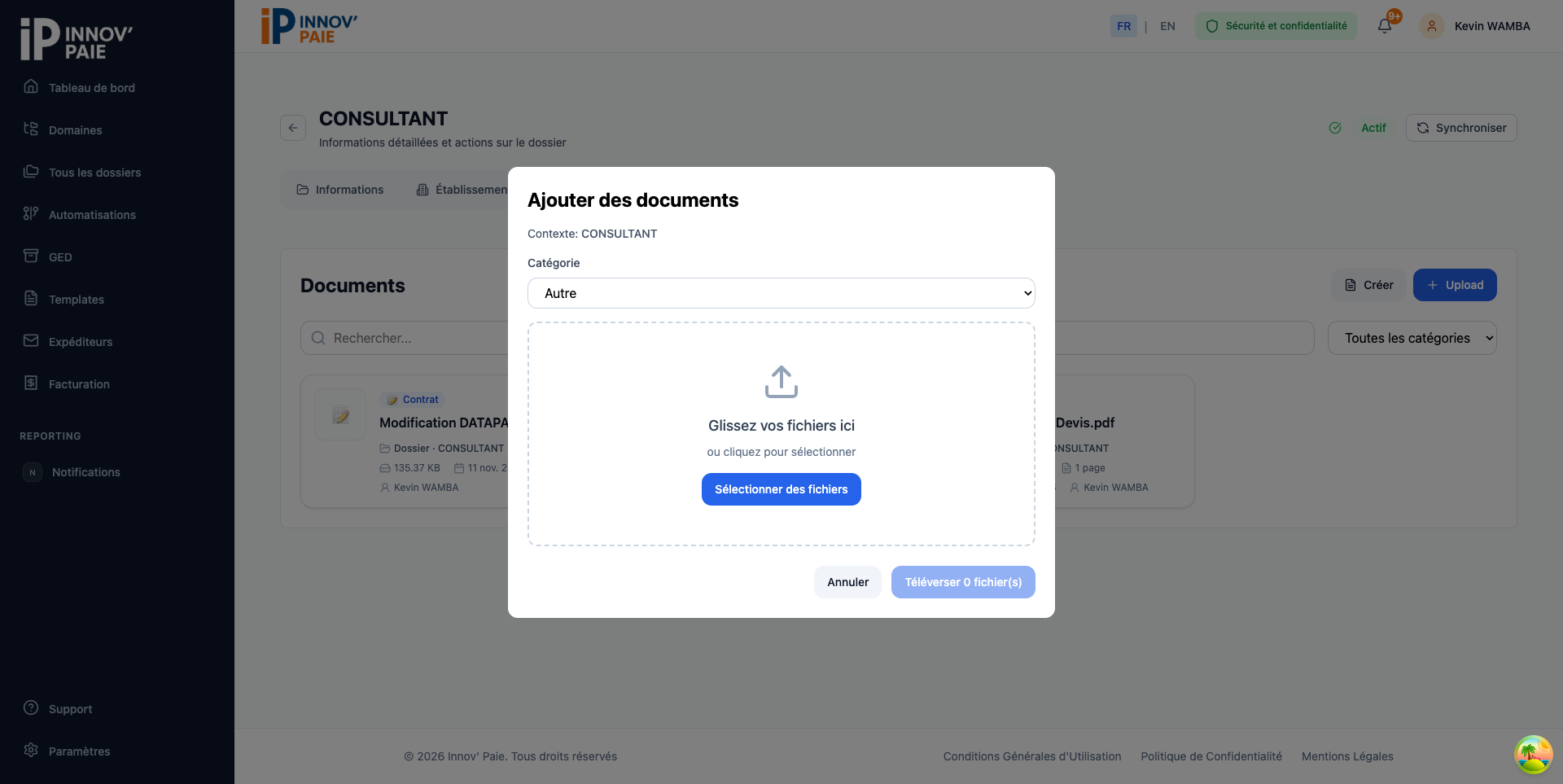 Modale d'upload de documents