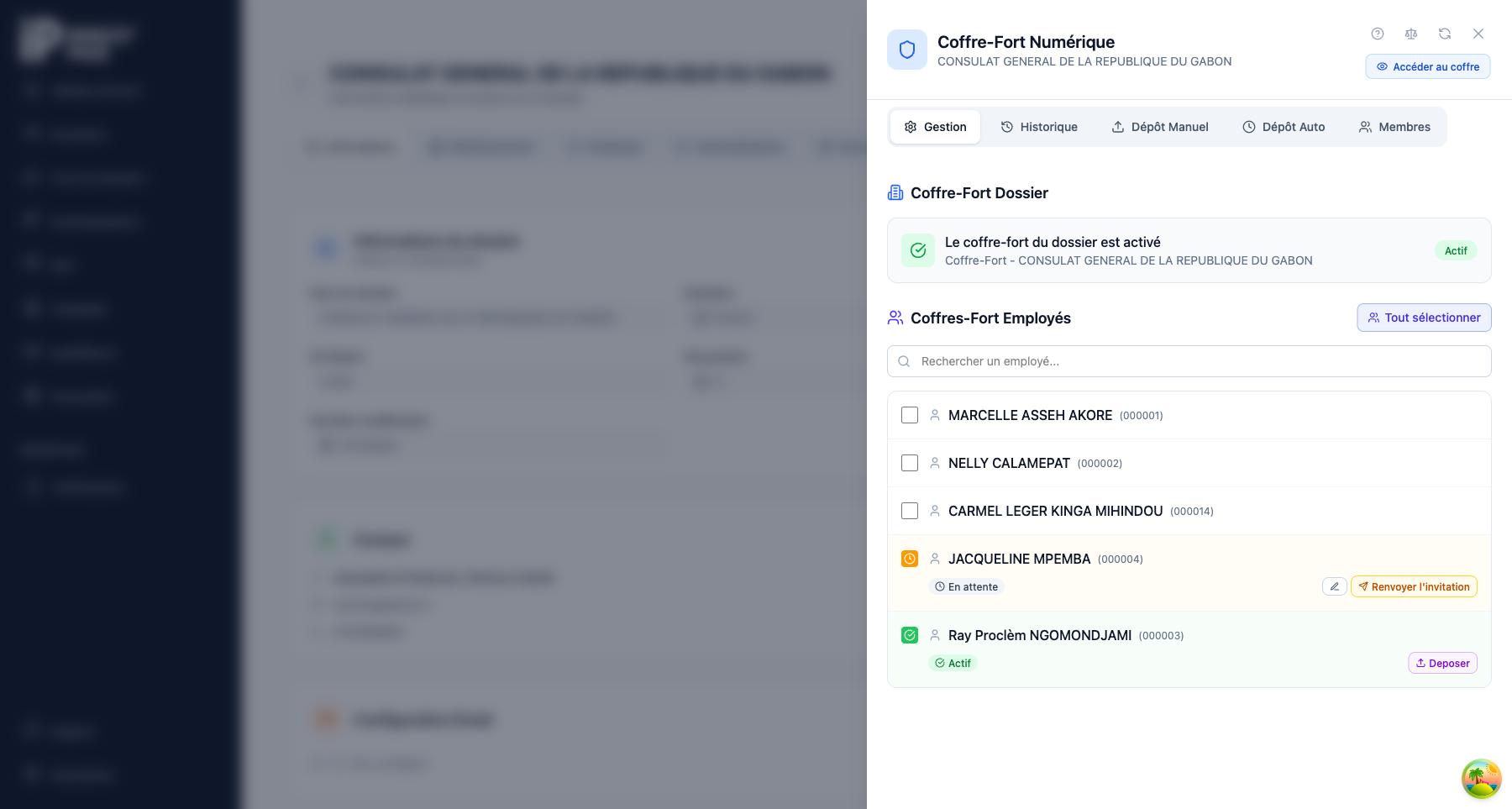 Drawer de gestion du coffre-fort avec modes de chiffrement