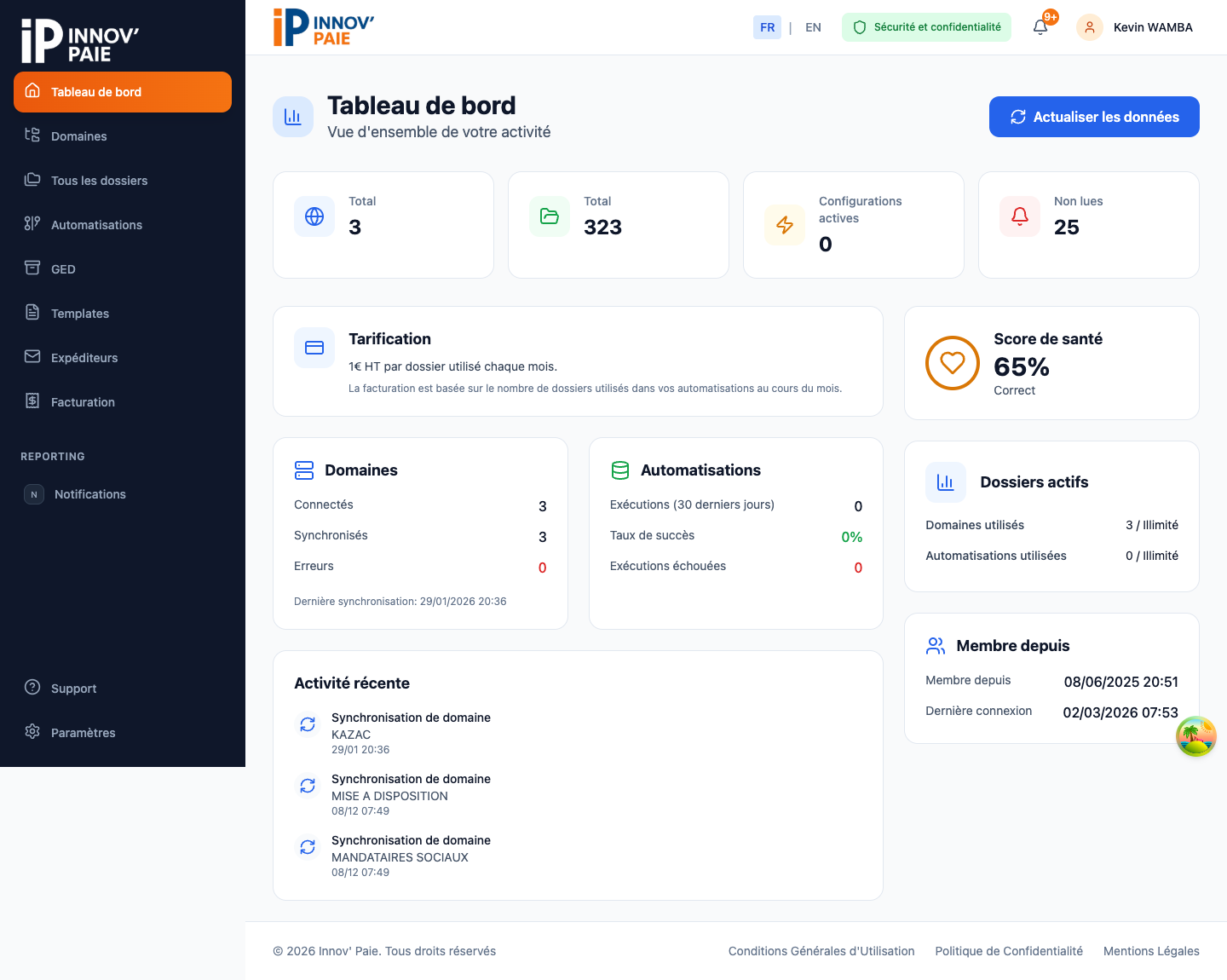 Vue complète du tableau de bord