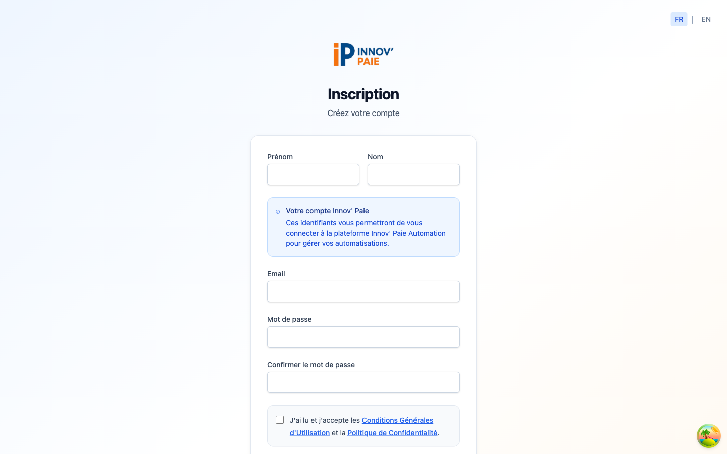 Page d'inscription - Etape 1